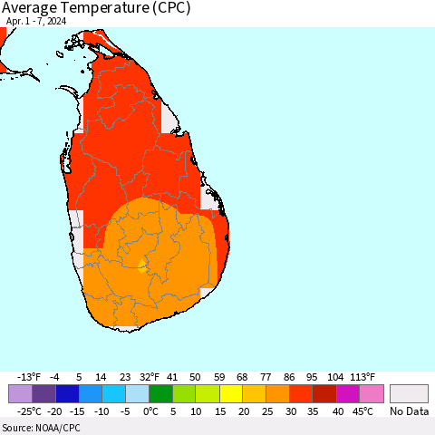 Sri Lanka Average Temperature (CPC) Thematic Map For 4/1/2024 - 4/7/2024