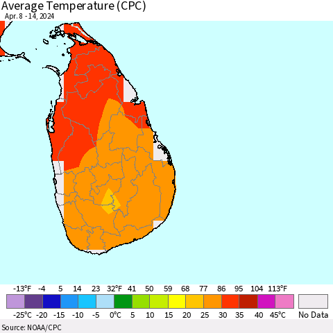 Sri Lanka Average Temperature (CPC) Thematic Map For 4/8/2024 - 4/14/2024