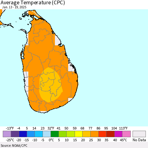 Sri Lanka Average Temperature (CPC) Thematic Map For 1/13/2025 - 1/19/2025
