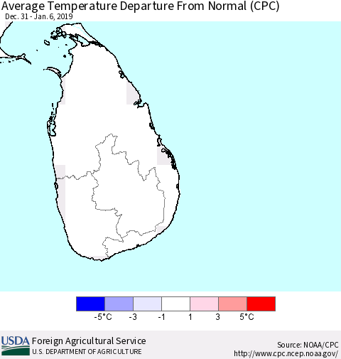 Sri Lanka Average Temperature Departure from Normal (CPC) Thematic Map For 12/31/2018 - 1/6/2019