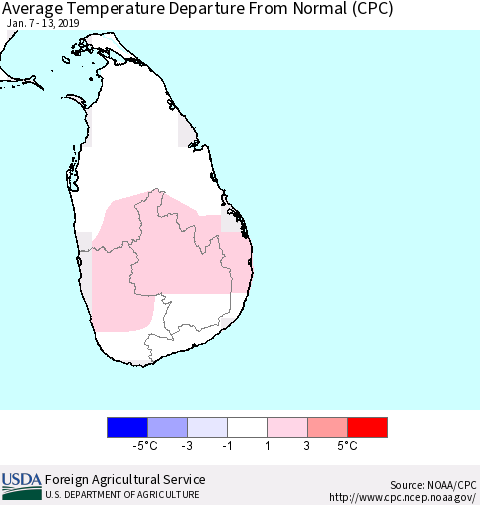 Sri Lanka Average Temperature Departure from Normal (CPC) Thematic Map For 1/7/2019 - 1/13/2019