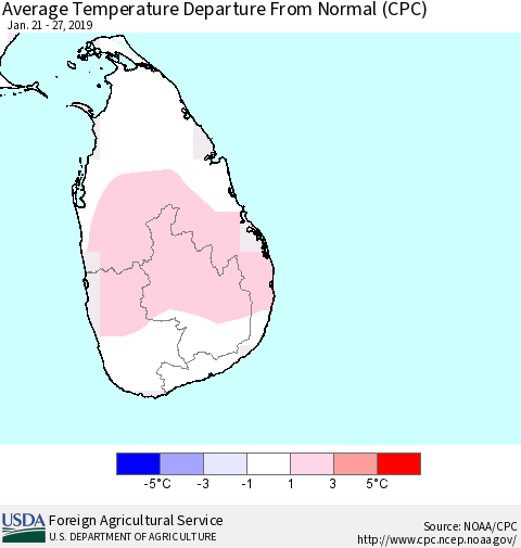Sri Lanka Average Temperature Departure from Normal (CPC) Thematic Map For 1/21/2019 - 1/27/2019