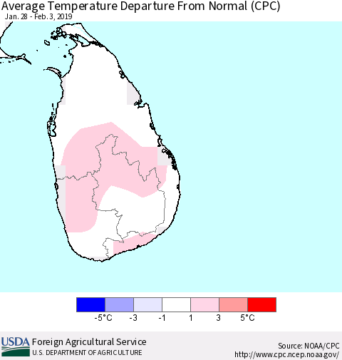 Sri Lanka Average Temperature Departure from Normal (CPC) Thematic Map For 1/28/2019 - 2/3/2019