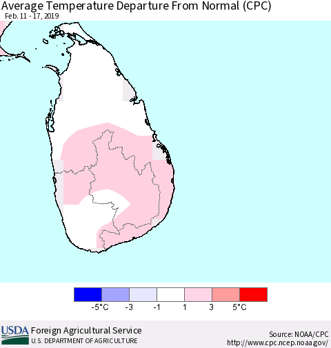 Sri Lanka Average Temperature Departure from Normal (CPC) Thematic Map For 2/11/2019 - 2/17/2019