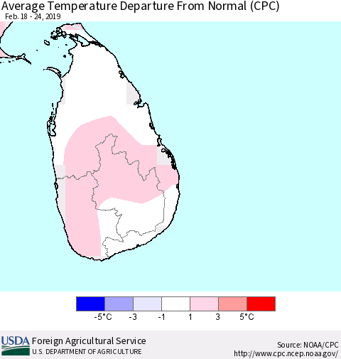 Sri Lanka Average Temperature Departure from Normal (CPC) Thematic Map For 2/18/2019 - 2/24/2019