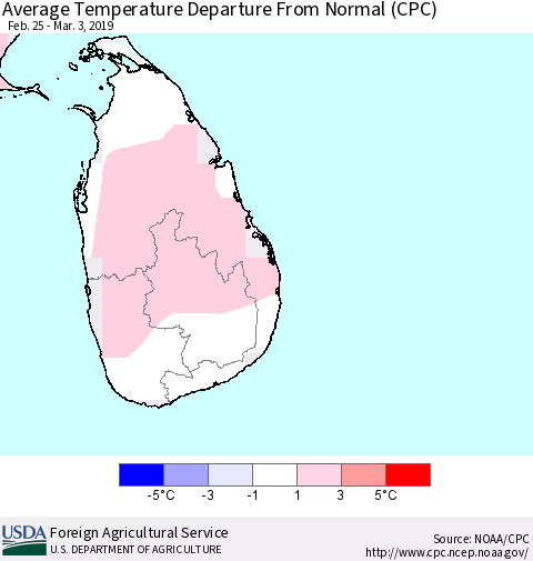 Sri Lanka Average Temperature Departure from Normal (CPC) Thematic Map For 2/25/2019 - 3/3/2019