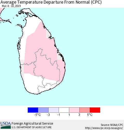 Sri Lanka Average Temperature Departure from Normal (CPC) Thematic Map For 3/4/2019 - 3/10/2019