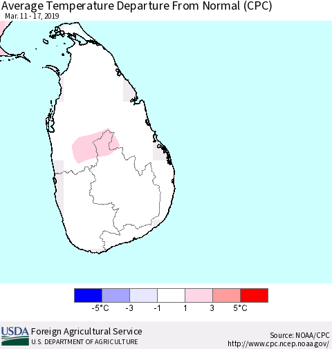 Sri Lanka Average Temperature Departure from Normal (CPC) Thematic Map For 3/11/2019 - 3/17/2019