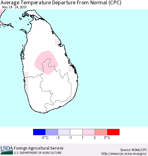 Sri Lanka Average Temperature Departure from Normal (CPC) Thematic Map For 3/18/2019 - 3/24/2019
