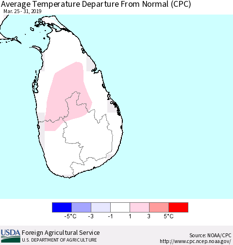 Sri Lanka Average Temperature Departure from Normal (CPC) Thematic Map For 3/25/2019 - 3/31/2019