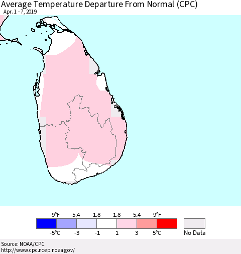 Sri Lanka Average Temperature Departure from Normal (CPC) Thematic Map For 4/1/2019 - 4/7/2019