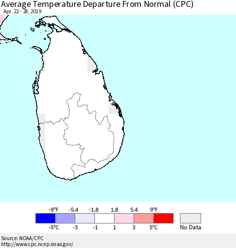 Sri Lanka Average Temperature Departure from Normal (CPC) Thematic Map For 4/22/2019 - 4/28/2019
