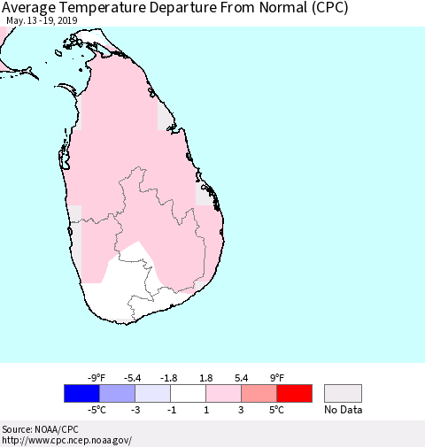 Sri Lanka Average Temperature Departure From Normal (CPC) Thematic Map For 5/13/2019 - 5/19/2019