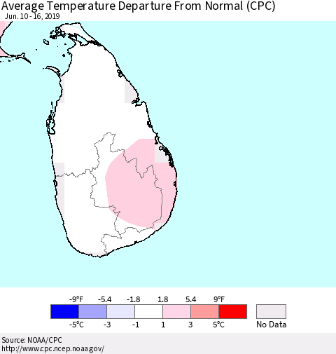 Sri Lanka Average Temperature Departure From Normal (CPC) Thematic Map For 6/10/2019 - 6/16/2019