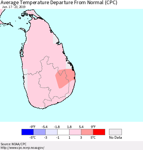 Sri Lanka Average Temperature Departure From Normal (CPC) Thematic Map For 6/17/2019 - 6/23/2019