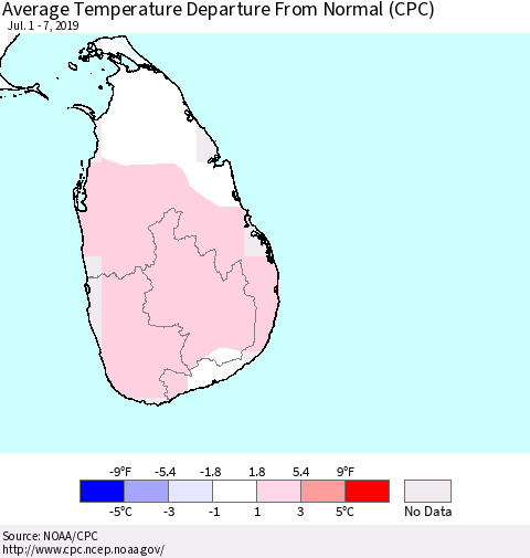 Sri Lanka Average Temperature Departure From Normal (CPC) Thematic Map For 7/1/2019 - 7/7/2019
