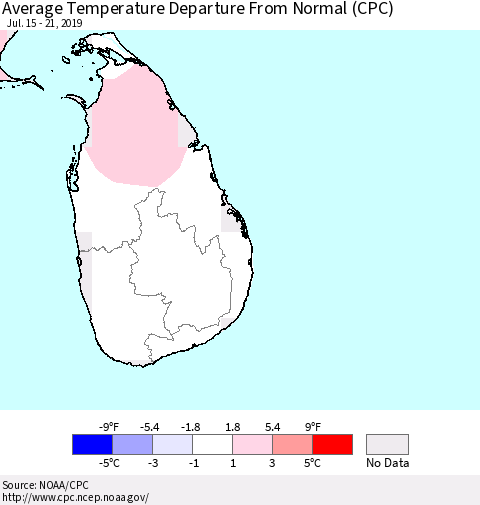 Sri Lanka Average Temperature Departure From Normal (CPC) Thematic Map For 7/15/2019 - 7/21/2019