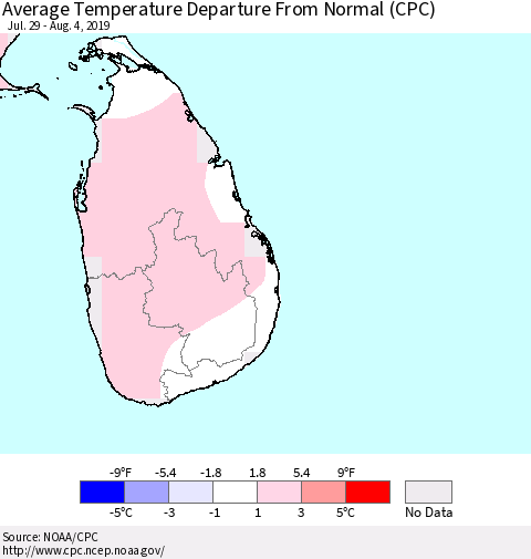 Sri Lanka Average Temperature Departure From Normal (CPC) Thematic Map For 7/29/2019 - 8/4/2019