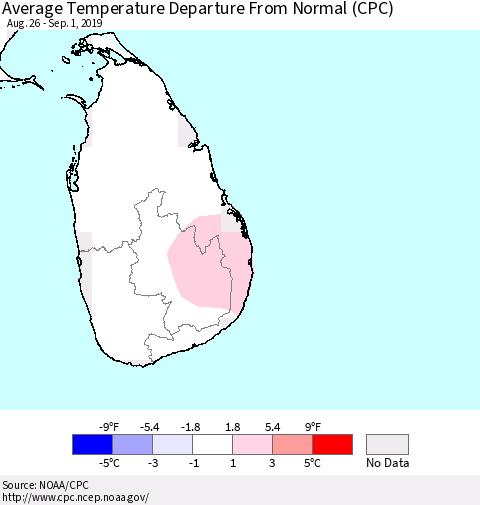 Sri Lanka Average Temperature Departure From Normal (CPC) Thematic Map For 8/26/2019 - 9/1/2019