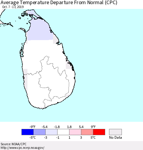 Sri Lanka Average Temperature Departure From Normal (CPC) Thematic Map For 10/7/2019 - 10/13/2019