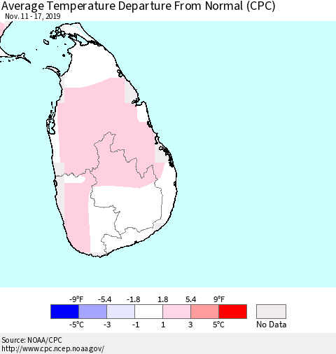Sri Lanka Average Temperature Departure From Normal (CPC) Thematic Map For 11/11/2019 - 11/17/2019