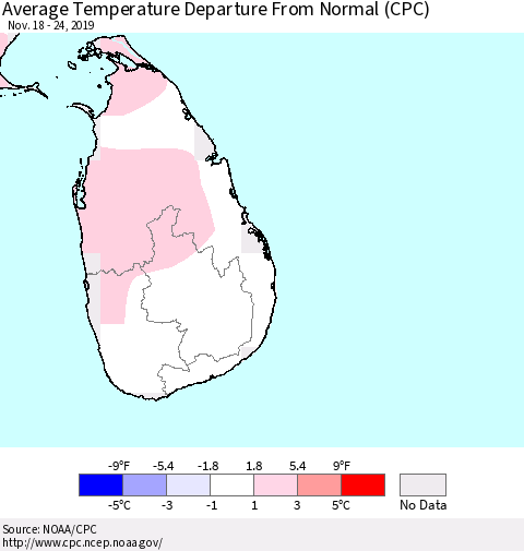 Sri Lanka Average Temperature Departure From Normal (CPC) Thematic Map For 11/18/2019 - 11/24/2019