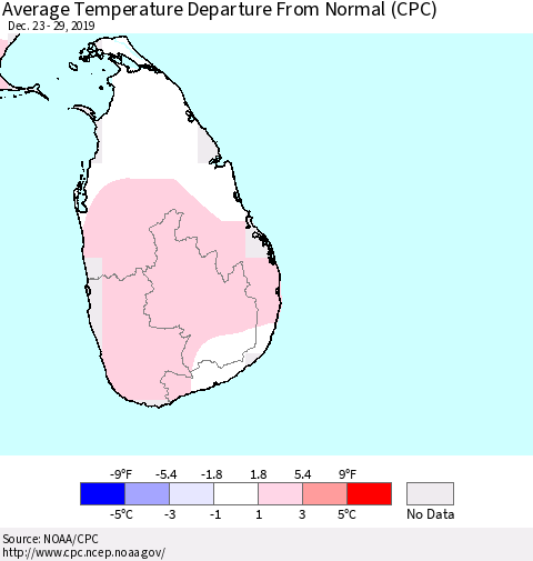 Sri Lanka Average Temperature Departure From Normal (CPC) Thematic Map For 12/23/2019 - 12/29/2019