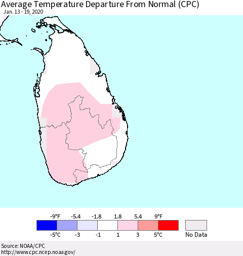 Sri Lanka Average Temperature Departure from Normal (CPC) Thematic Map For 1/13/2020 - 1/19/2020