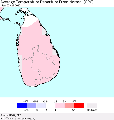 Sri Lanka Average Temperature Departure From Normal (CPC) Thematic Map For 1/20/2020 - 1/26/2020