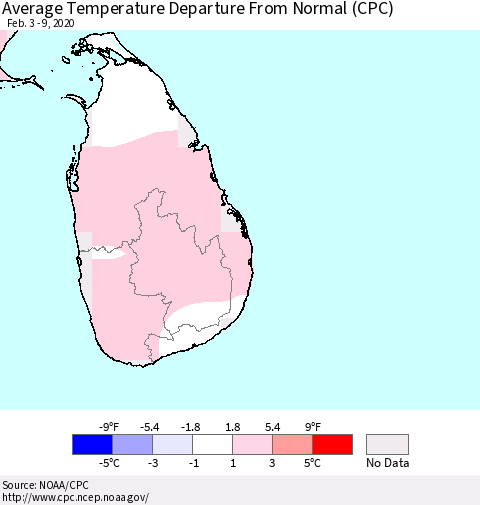 Sri Lanka Average Temperature Departure From Normal (CPC) Thematic Map For 2/3/2020 - 2/9/2020