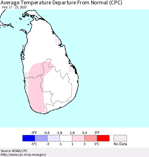 Sri Lanka Average Temperature Departure from Normal (CPC) Thematic Map For 2/17/2020 - 2/23/2020
