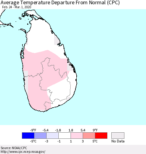 Sri Lanka Average Temperature Departure From Normal (CPC) Thematic Map For 2/24/2020 - 3/1/2020