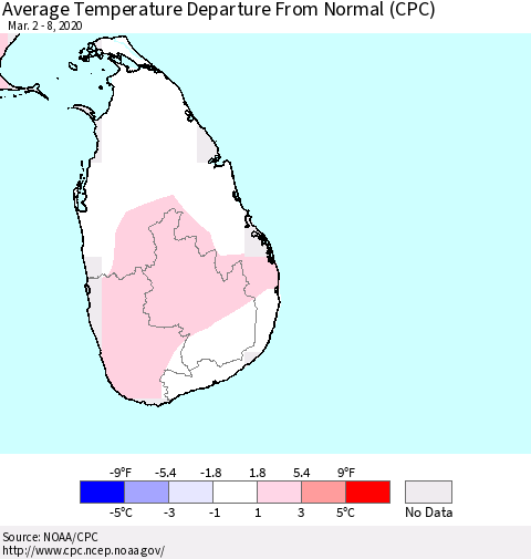 Sri Lanka Average Temperature Departure From Normal (CPC) Thematic Map For 3/2/2020 - 3/8/2020