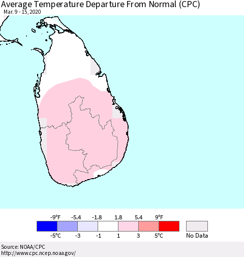Sri Lanka Average Temperature Departure From Normal (CPC) Thematic Map For 3/9/2020 - 3/15/2020