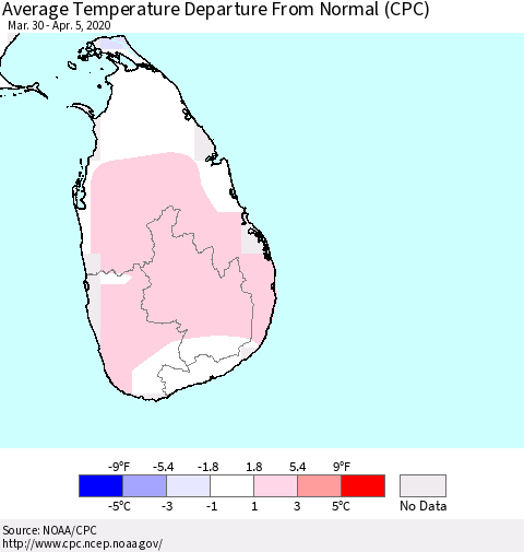 Sri Lanka Average Temperature Departure From Normal (CPC) Thematic Map For 3/30/2020 - 4/5/2020