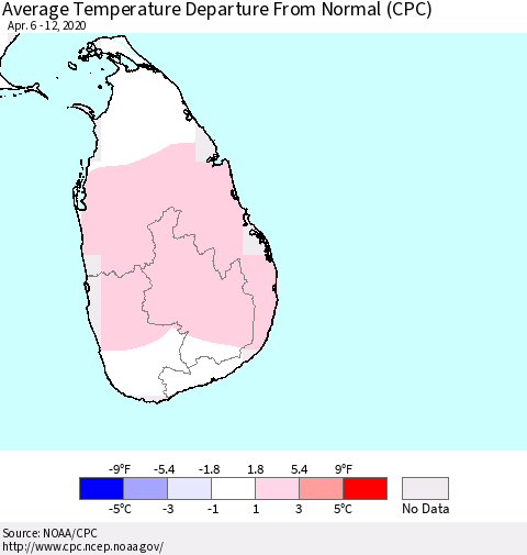Sri Lanka Average Temperature Departure From Normal (CPC) Thematic Map For 4/6/2020 - 4/12/2020