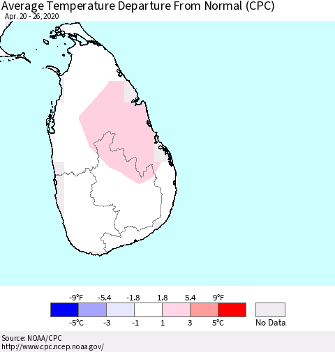 Sri Lanka Average Temperature Departure From Normal (CPC) Thematic Map For 4/20/2020 - 4/26/2020