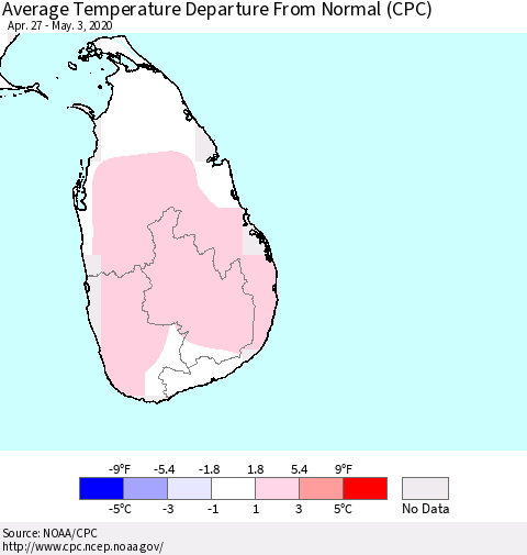 Sri Lanka Average Temperature Departure From Normal (CPC) Thematic Map For 4/27/2020 - 5/3/2020