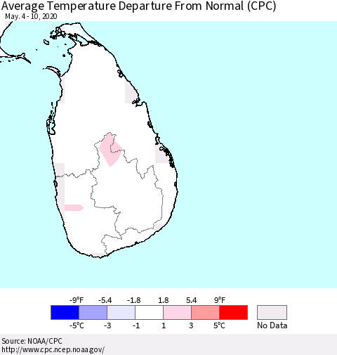 Sri Lanka Average Temperature Departure from Normal (CPC) Thematic Map For 5/4/2020 - 5/10/2020