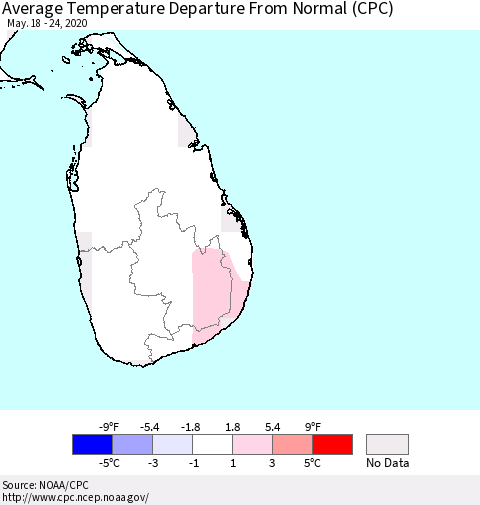 Sri Lanka Average Temperature Departure from Normal (CPC) Thematic Map For 5/18/2020 - 5/24/2020