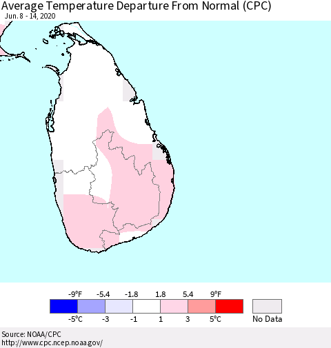 Sri Lanka Average Temperature Departure from Normal (CPC) Thematic Map For 6/8/2020 - 6/14/2020