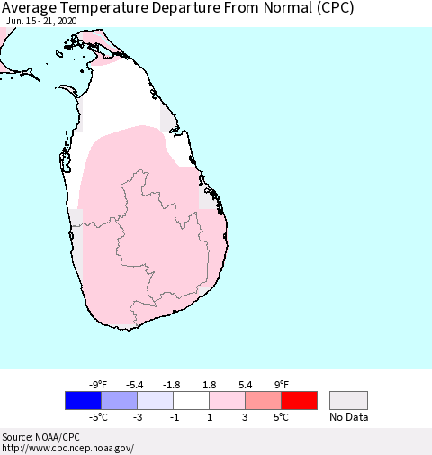 Sri Lanka Average Temperature Departure from Normal (CPC) Thematic Map For 6/15/2020 - 6/21/2020