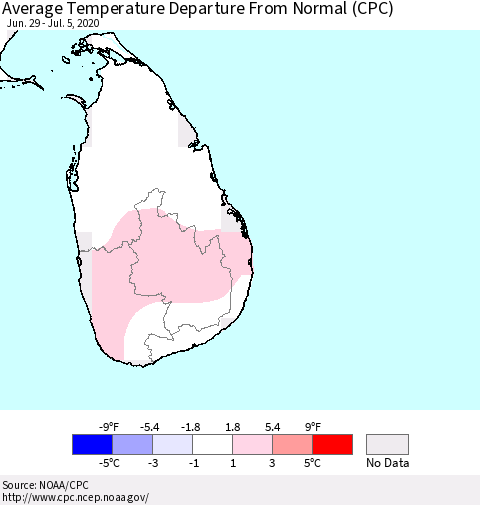 Sri Lanka Average Temperature Departure from Normal (CPC) Thematic Map For 6/29/2020 - 7/5/2020