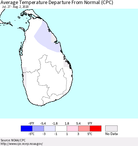 Sri Lanka Average Temperature Departure From Normal (CPC) Thematic Map For 7/27/2020 - 8/2/2020