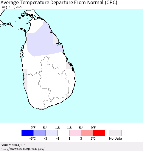 Sri Lanka Average Temperature Departure from Normal (CPC) Thematic Map For 8/3/2020 - 8/9/2020