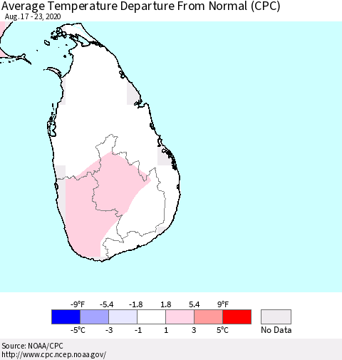 Sri Lanka Average Temperature Departure from Normal (CPC) Thematic Map For 8/17/2020 - 8/23/2020