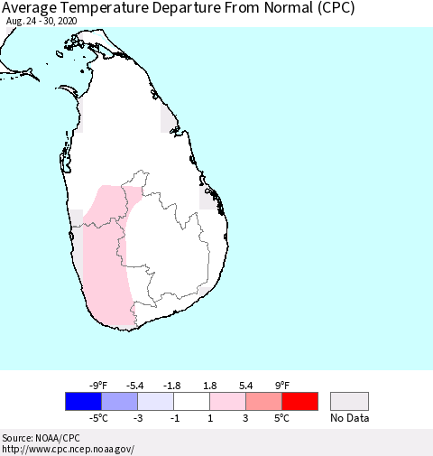 Sri Lanka Average Temperature Departure from Normal (CPC) Thematic Map For 8/24/2020 - 8/30/2020