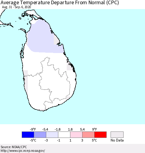 Sri Lanka Average Temperature Departure from Normal (CPC) Thematic Map For 8/31/2020 - 9/6/2020