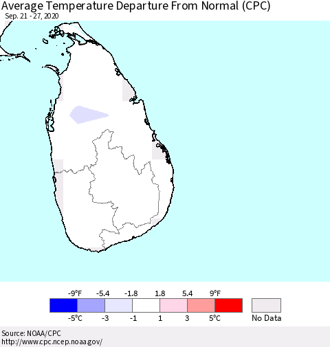 Sri Lanka Average Temperature Departure from Normal (CPC) Thematic Map For 9/21/2020 - 9/27/2020