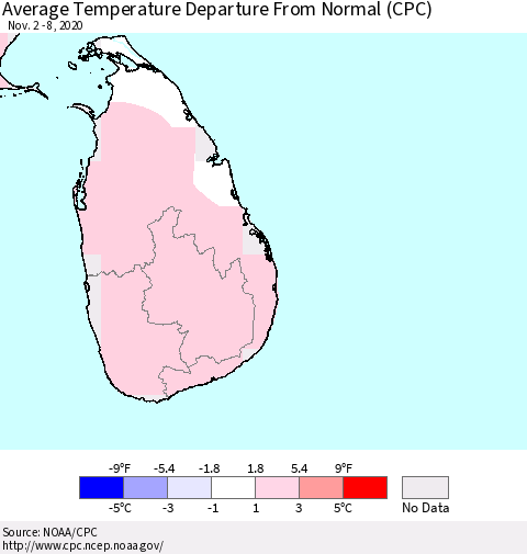 Sri Lanka Average Temperature Departure From Normal (CPC) Thematic Map For 11/2/2020 - 11/8/2020